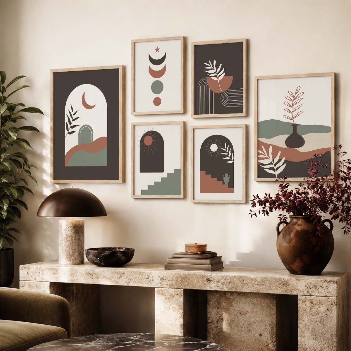 Earthy Line Art Boho Wall Art Set of 6 Framed Prints