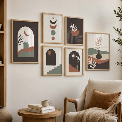 Earthy Line Art Boho Wall Art Set of 6 Framed Prints
