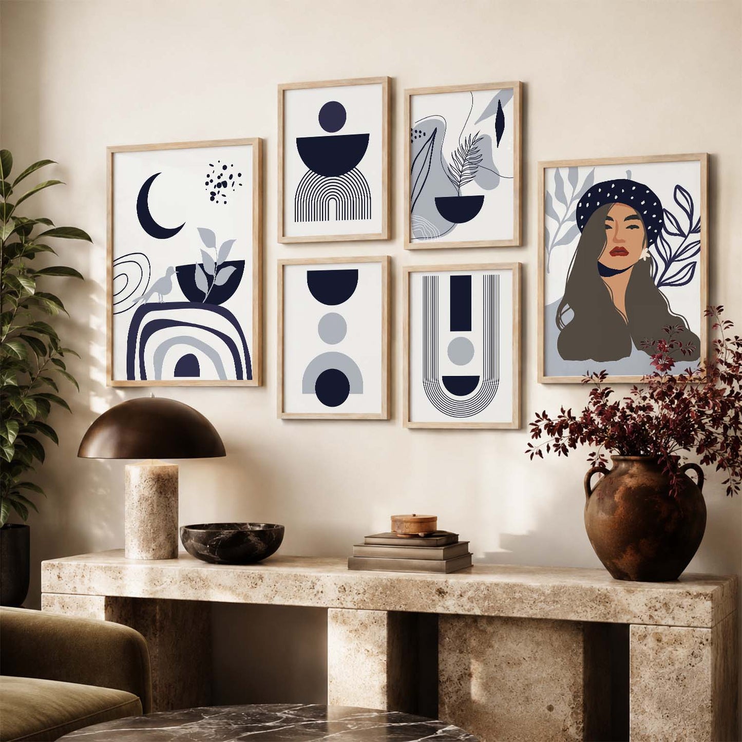 Abstract Shape Boho Modern Wall Art Set of 6 Framed Prints