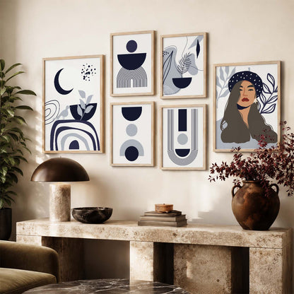 Abstract Shape Boho Modern Wall Art Set of 6 Framed Prints