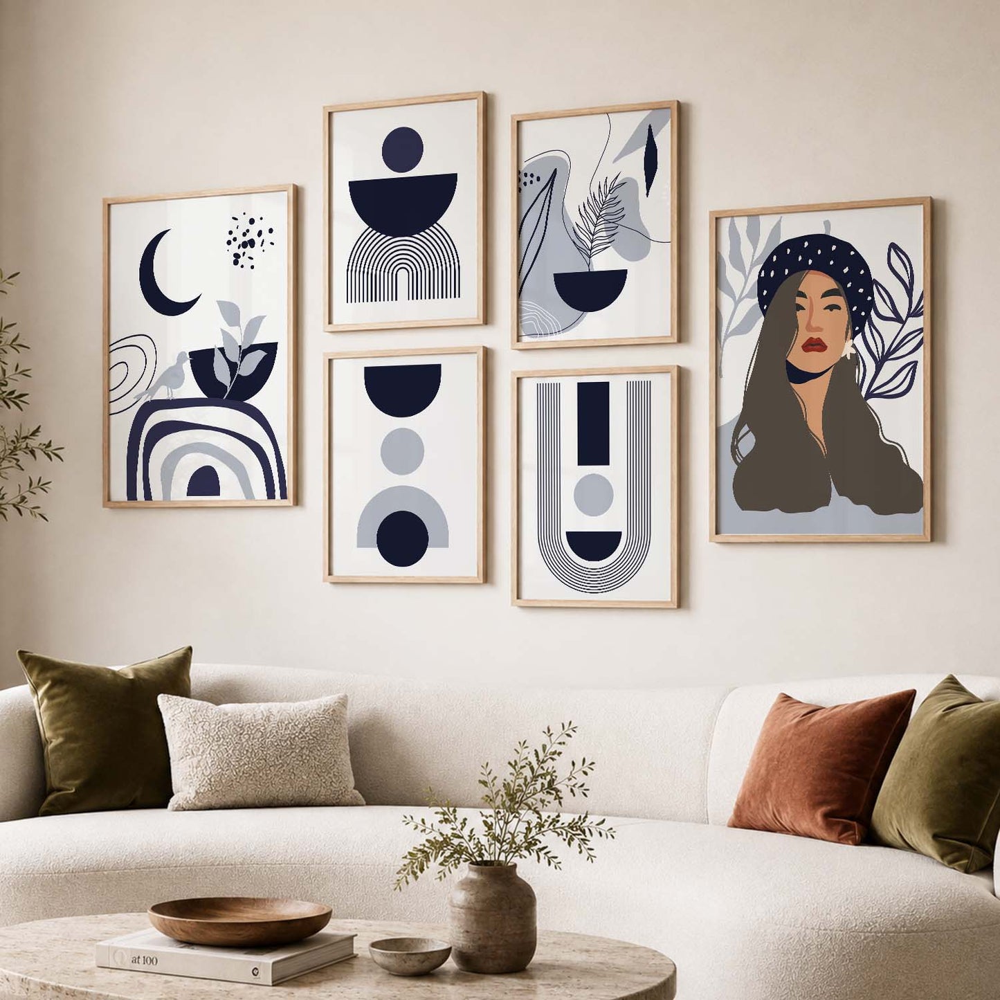Abstract Shape Boho Modern Wall Art Set of 6 Framed Prints