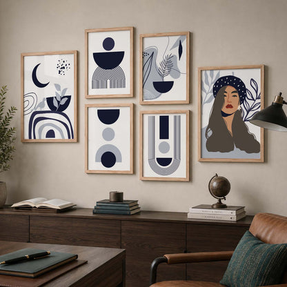 Abstract Shape Boho Modern Wall Art Set of 6 Framed Prints