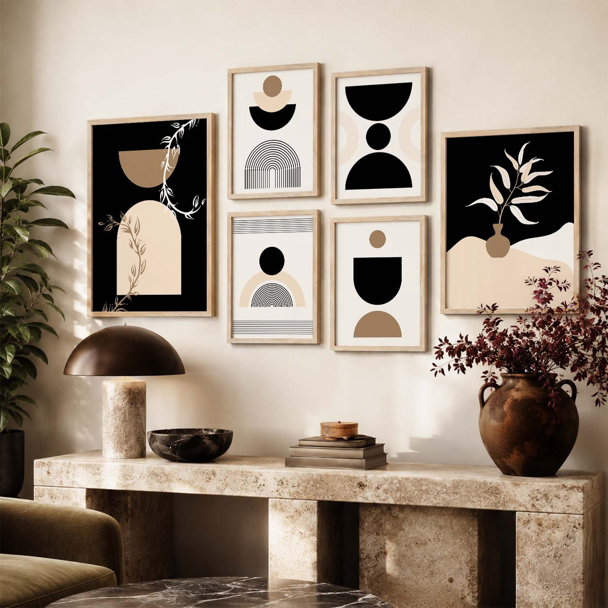 Abstract Boho Wall Art Set of 6 Framed Prints