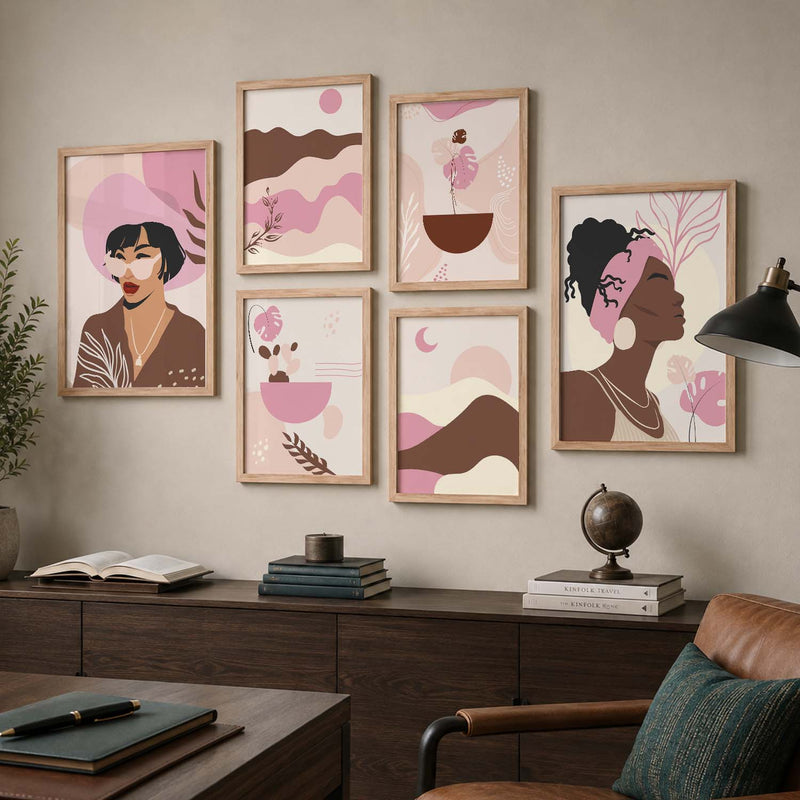 Abstract Boho Wall Art Set of 6 Framed Prints