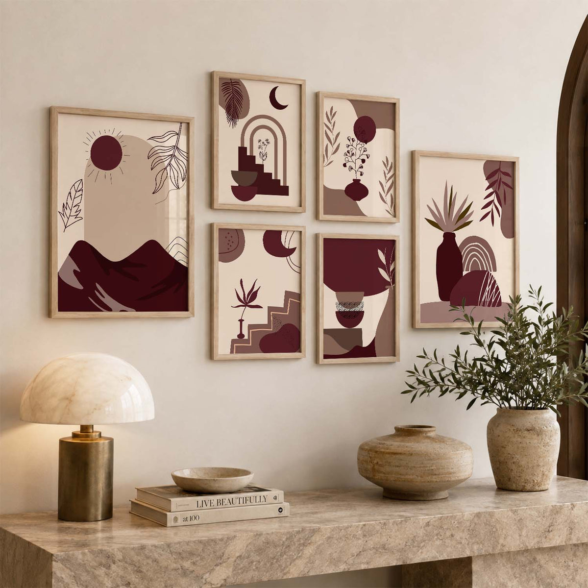 Abstract Shape Boho Wall Art Set of 6 Framed Prints