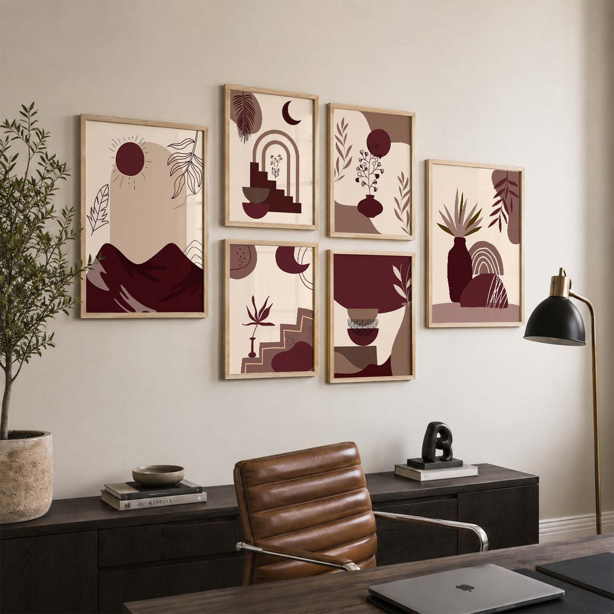 Abstract Shape Boho Wall Art Set of 6 Framed Prints