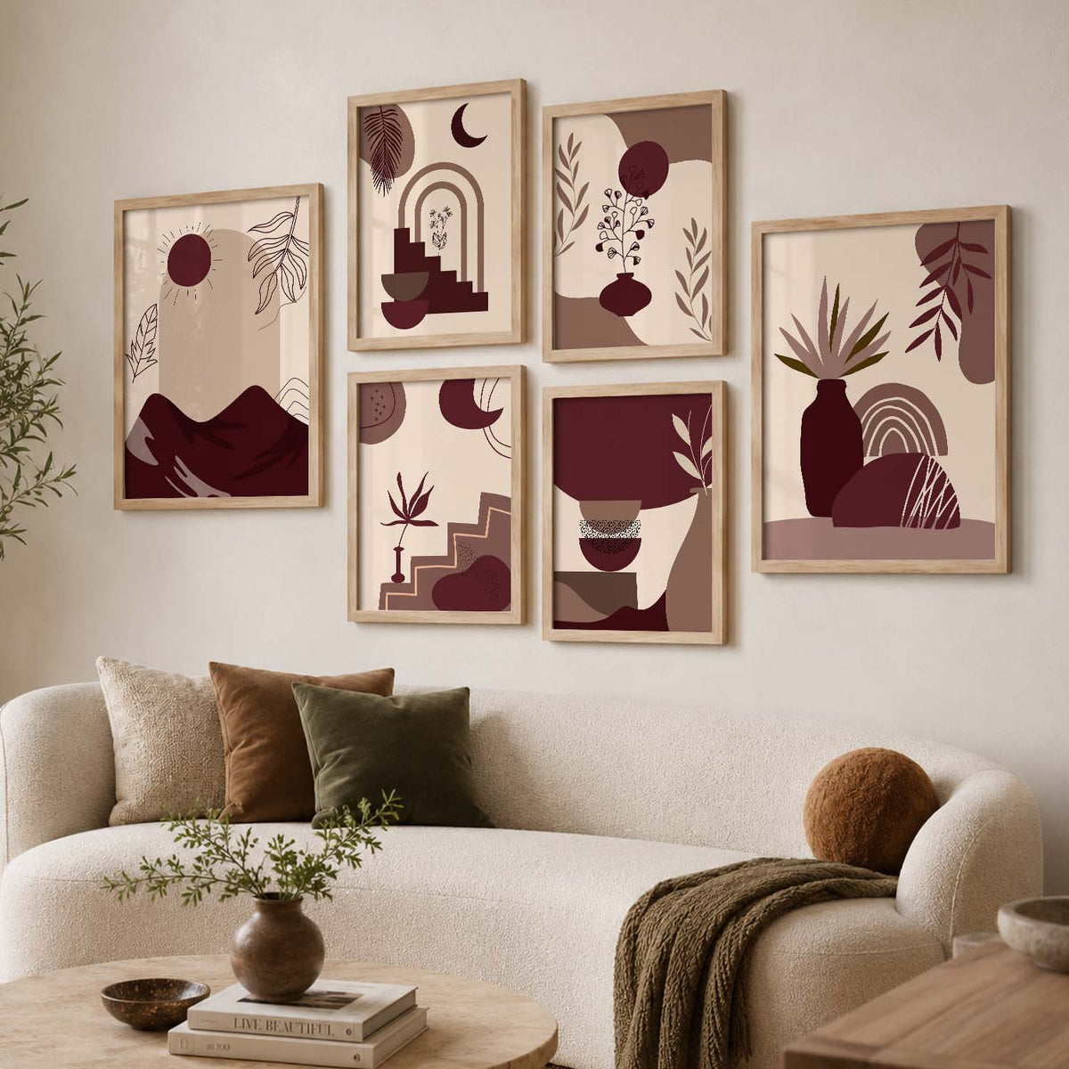 Abstract Shape Boho Wall Art Set of 6 Framed Prints
