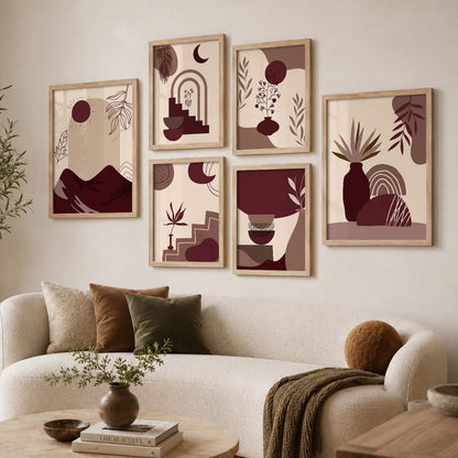 Abstract Shape Boho Wall Art Set of 6 Framed Prints