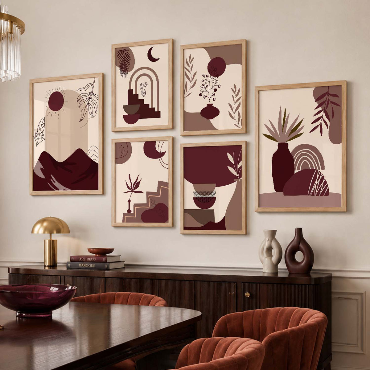 Abstract Shape Boho Wall Art Set of 6 Framed Prints