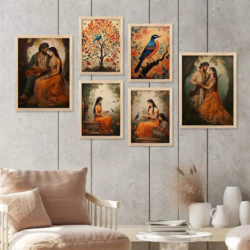 Traditional Indian Inspired Madhubani Art Prints with Frame for Living Room Bedroom Home and Office Wall Decor Set of 6