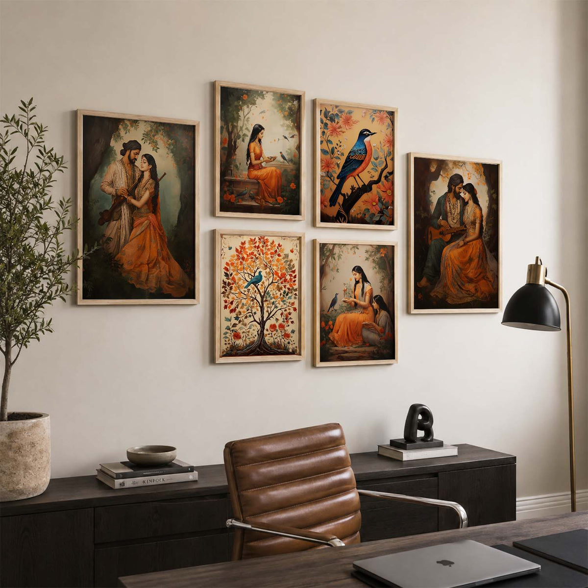 Traditional Indian Inspired Madhubani Art Prints with Frame for Living Room Bedroom Home and Office Wall Decor Set of 6