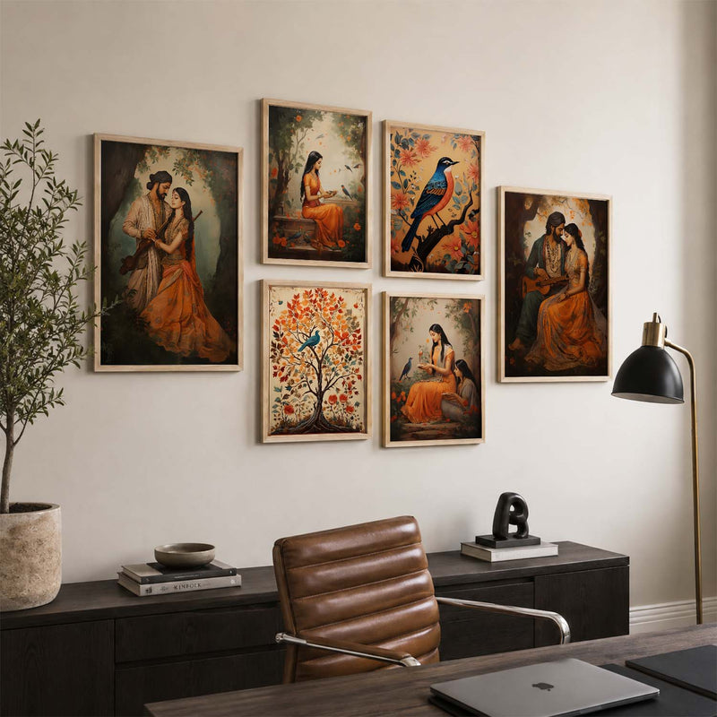 Traditional Indian Inspired Madhubani Art Prints with Frame for Living Room Bedroom Home and Office Wall Decor Set of 6