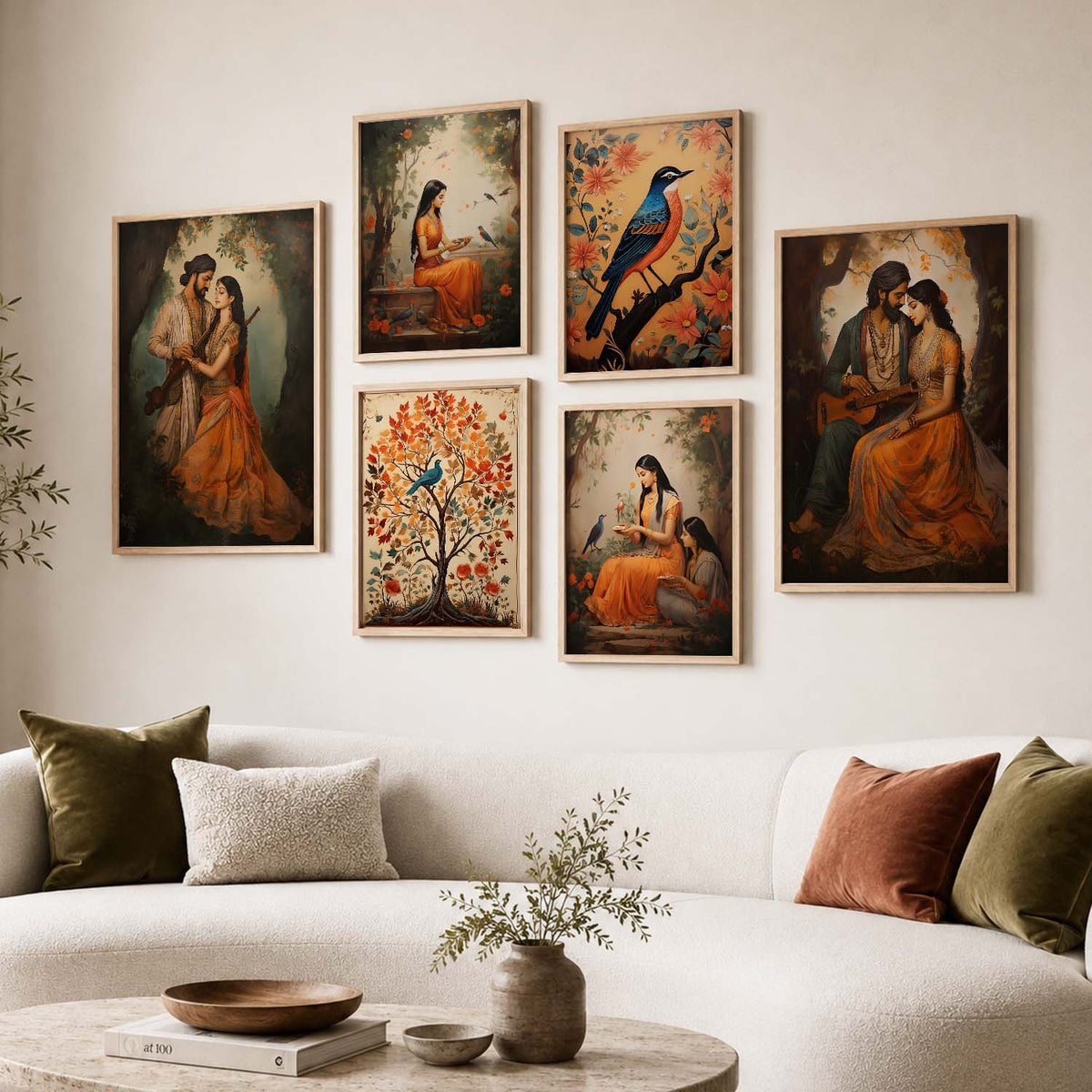 Traditional Indian Inspired Madhubani Art Prints with Frame for Living Room Bedroom Home and Office Wall Decor Set of 6