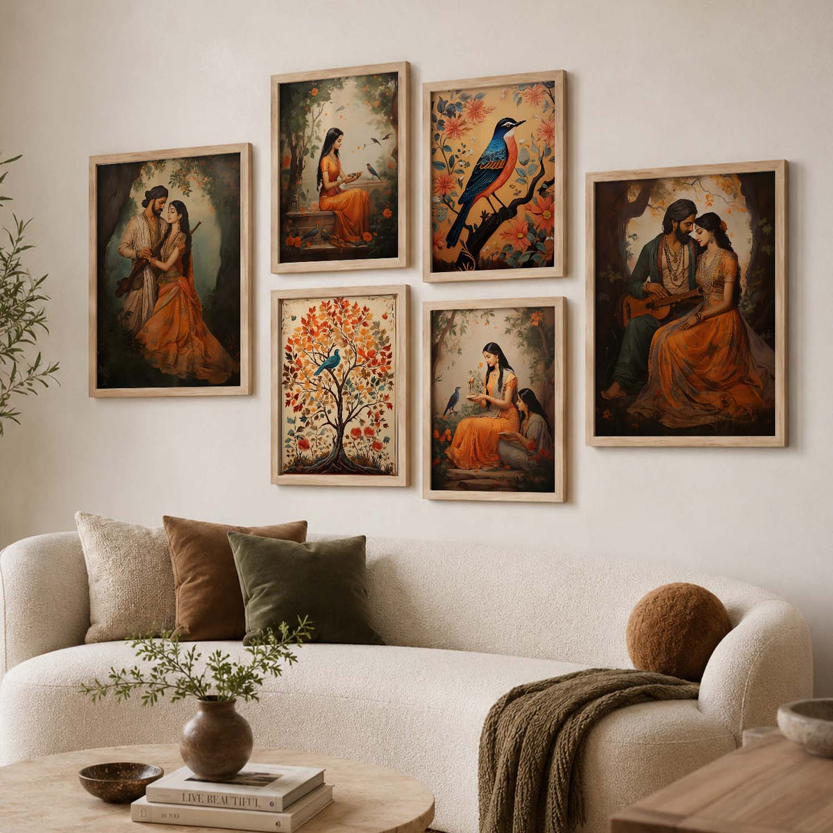 Traditional Indian Inspired Madhubani Art Prints with Frame for Living Room Bedroom Home and Office Wall Decor Set of 6