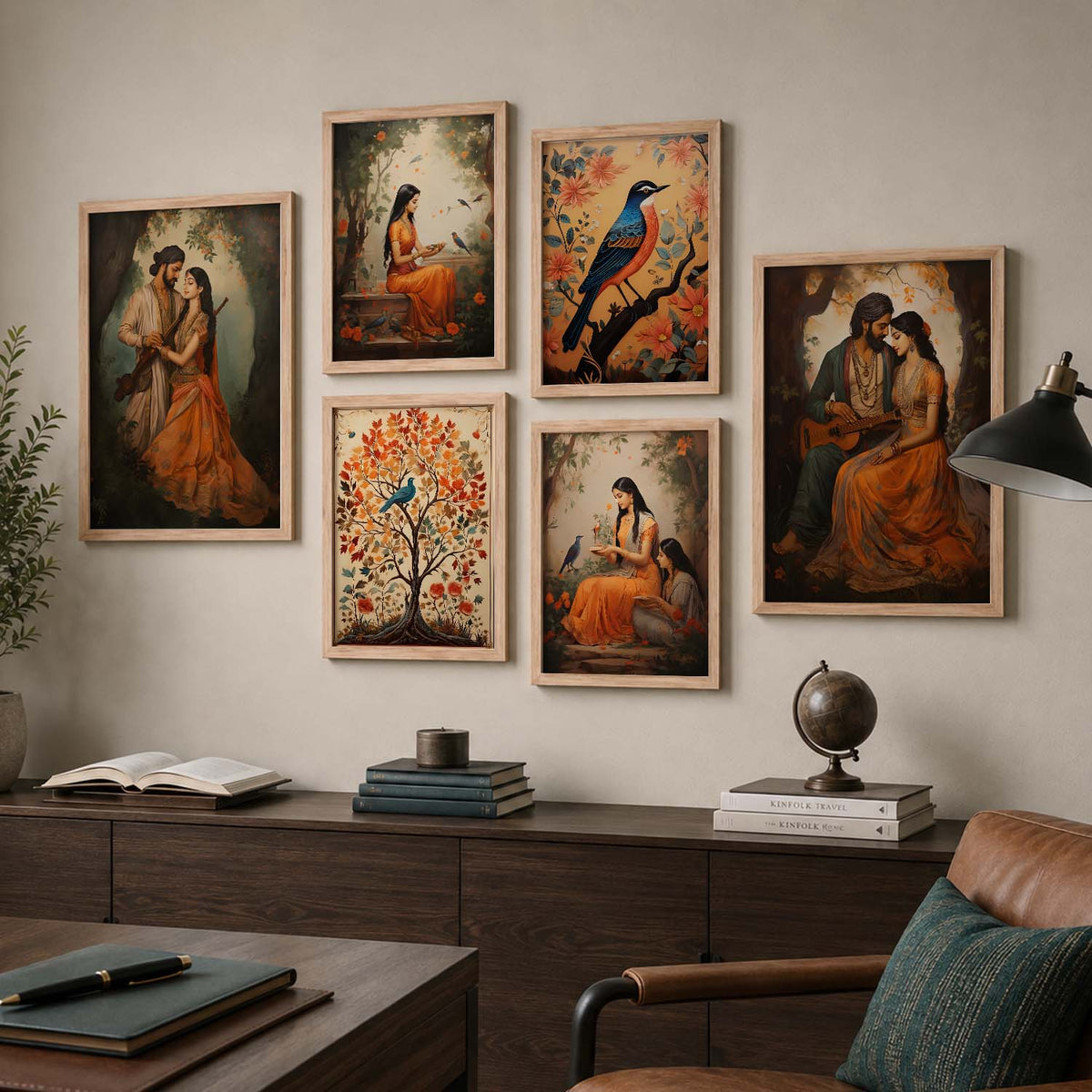Traditional Indian Inspired Madhubani Art Prints with Frame for Living Room Bedroom Home and Office Wall Decor Set of 6