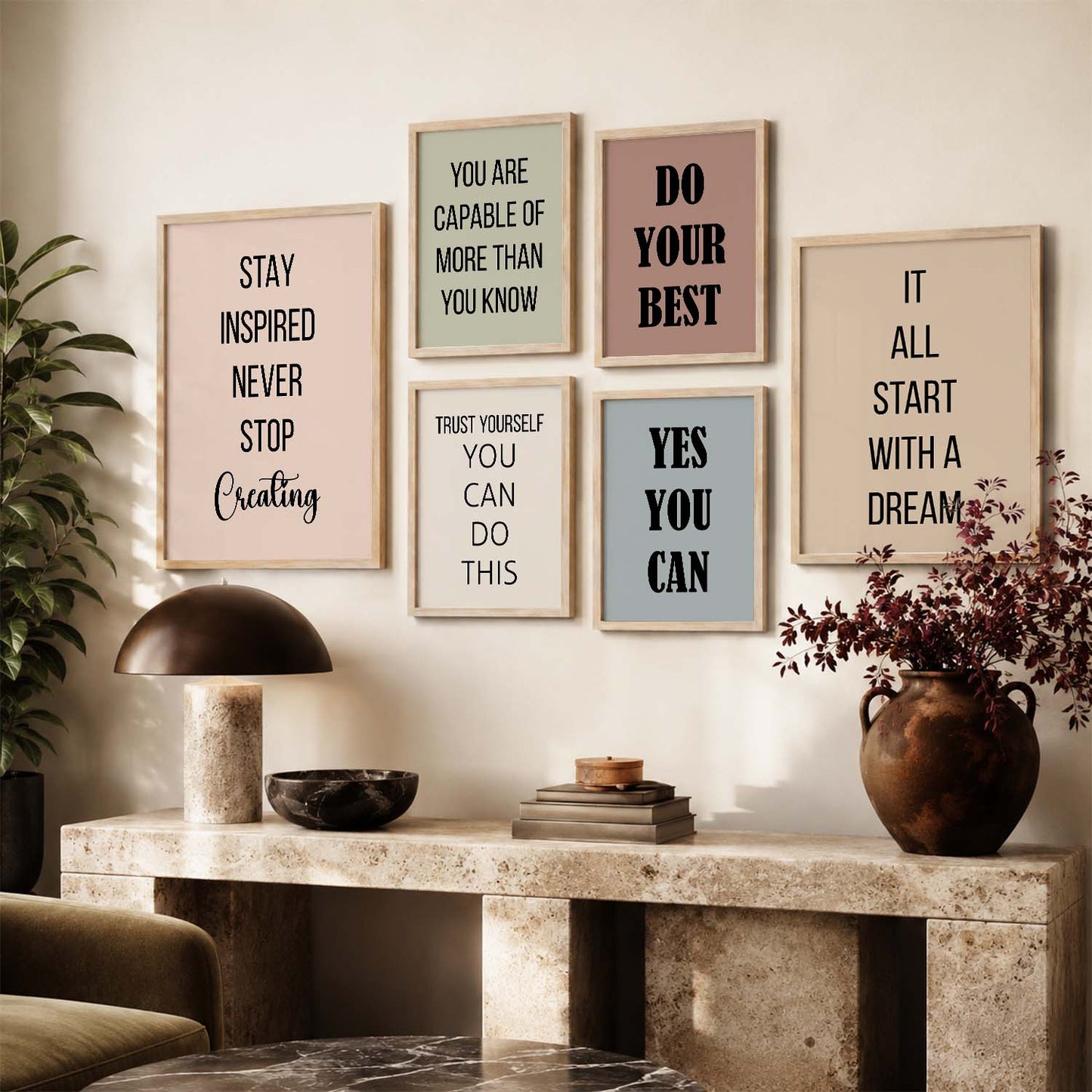 Minimalist Modern Motivational Quotes Wall Art Set of 6 Framed Prints for Hallway