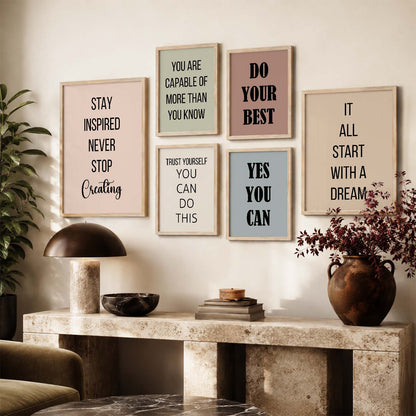 Minimalist Modern Motivational Quotes Wall Art Set of 6 Framed Prints for Hallway