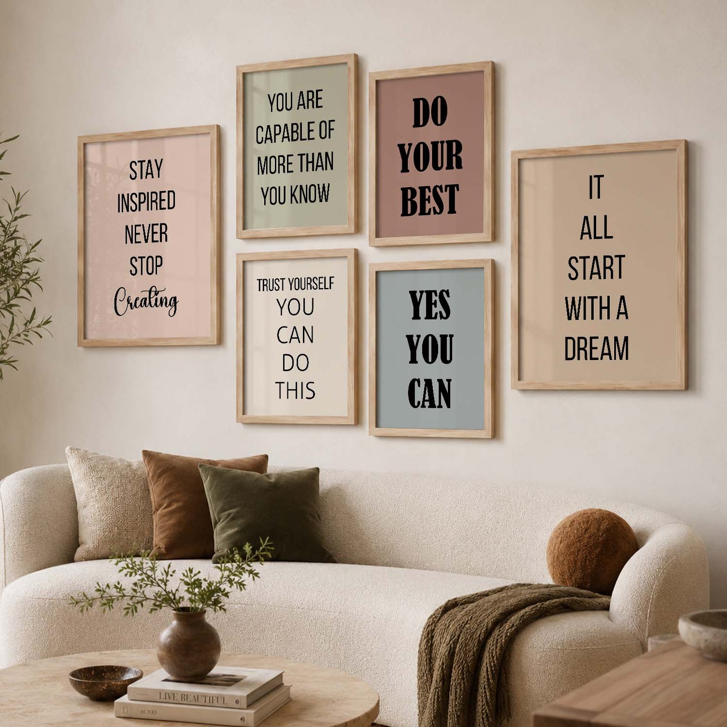 Minimalist Modern Motivational Quotes Wall Art Set of 6 Framed Prints for Hallway