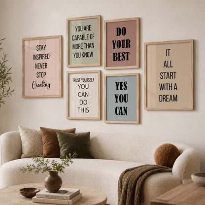Minimalist Modern Motivational Quotes Wall Art Set of 6 Framed Prints for Hallway