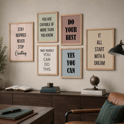 Minimalist Modern Motivational Quotes Wall Art Set of 6 Framed Prints for Hallway