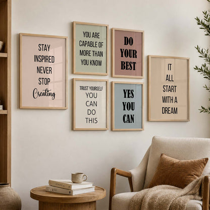 Minimalist Modern Motivational Quotes Wall Art Set of 6 Framed Prints for Hallway