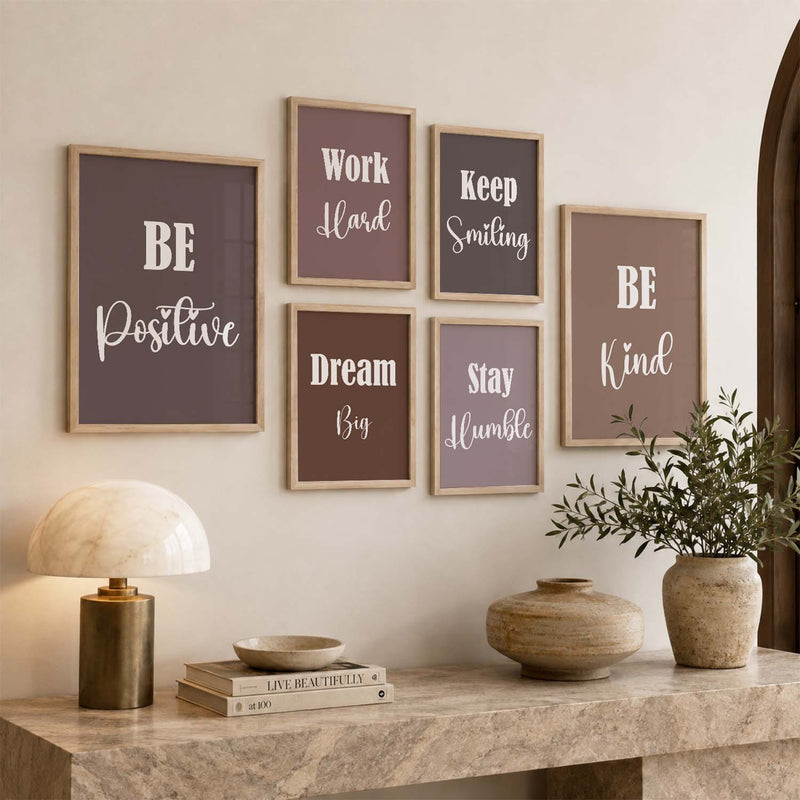 Positive Mindset Modern Typography Motivational Quotes Wall Art Set of 6 Framed Prints