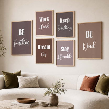 Positive Mindset Modern Typography Motivational Quotes Wall Art Set of 6 Framed Prints