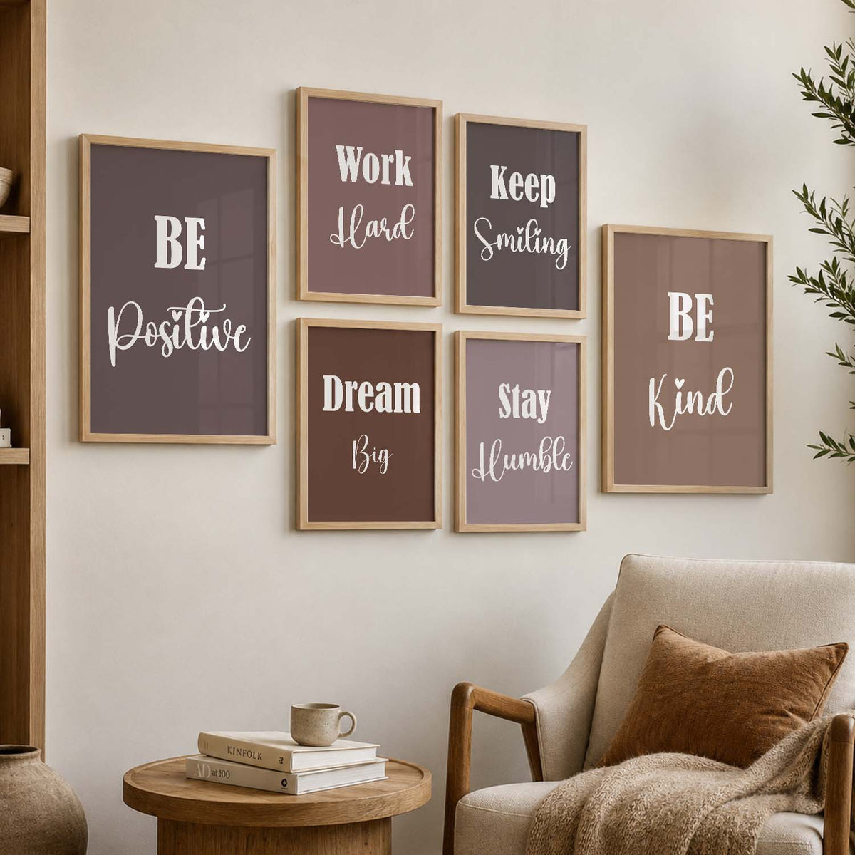 Positive Mindset Modern Typography Motivational Quotes Wall Art Set of 6 Framed Prints