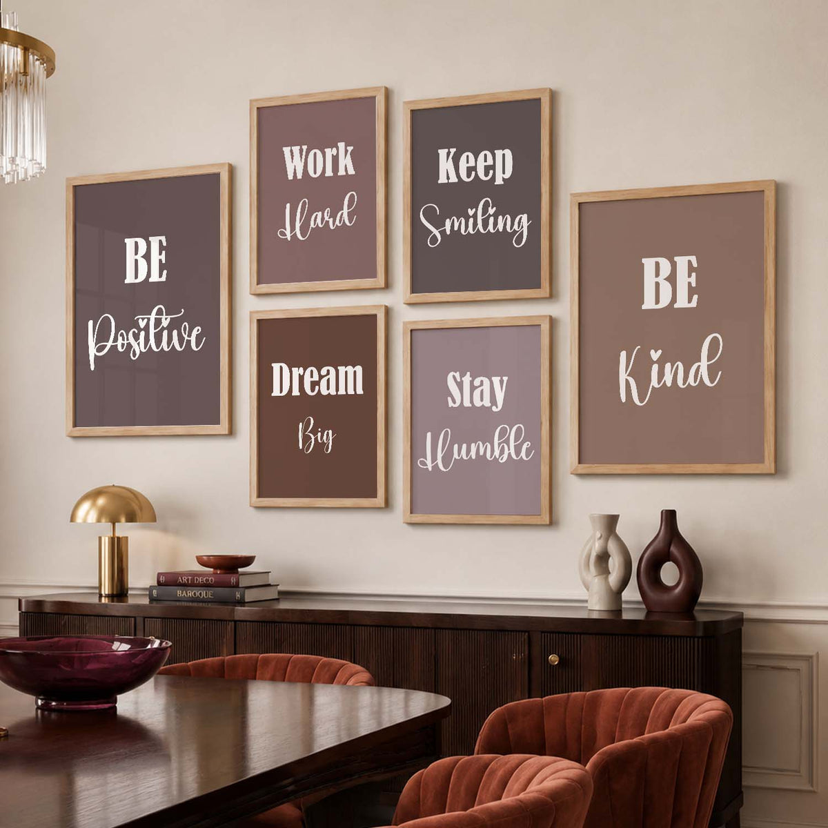 Positive Mindset Modern Typography Motivational Quotes Wall Art Set of 6 Framed Prints