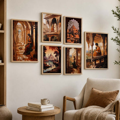 Traditional Indian Woman Prints with Frame for Living Room Bedroom Home and Office Wall Decor Set of 6