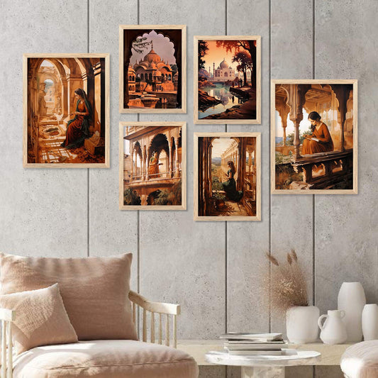 Traditional Indian Woman Prints with Frame for Living Room Bedroom Home and Office Wall Decor Set of 6