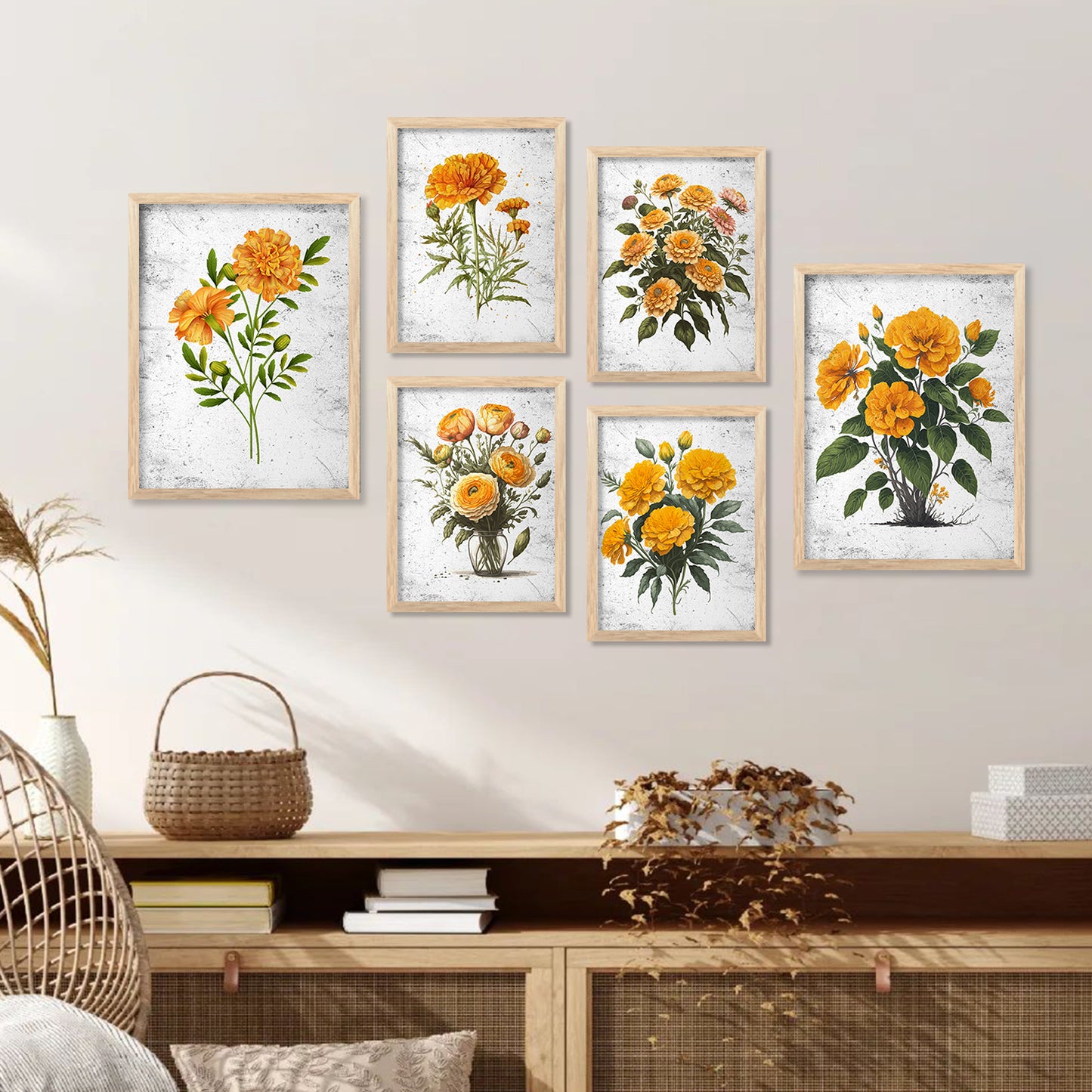 Nature Inspired Floral Art Prints with Frame for Living Room Bedroom Home and Office Wall Decor Set of 6