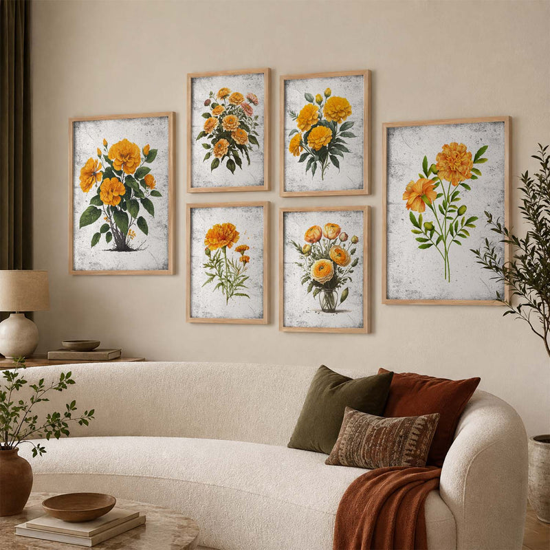 Nature Inspired Floral Art Prints with Frame for Living Room Bedroom Home and Office Wall Decor Set of 6