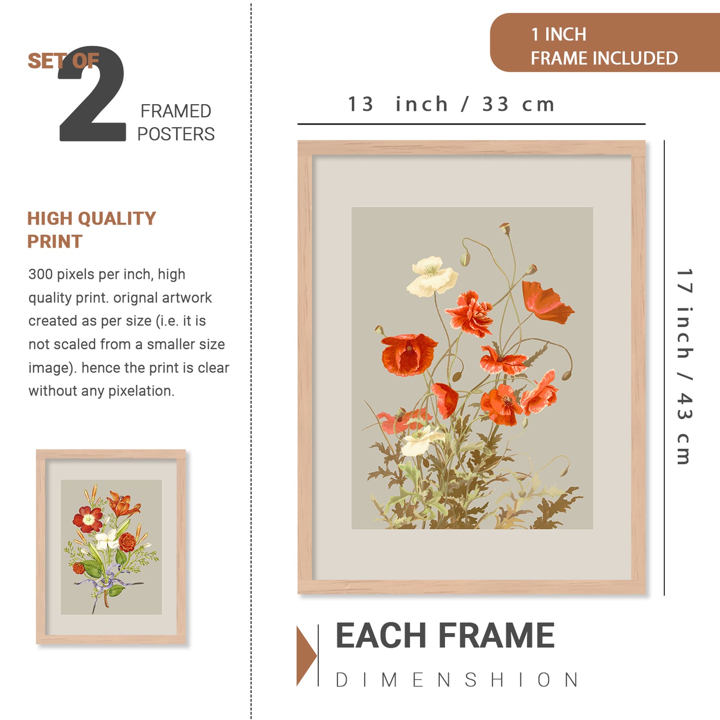 Nature Inspired Art Prints with Frame for Living Room Bedroom Home and Office Wall Decor Set of 6