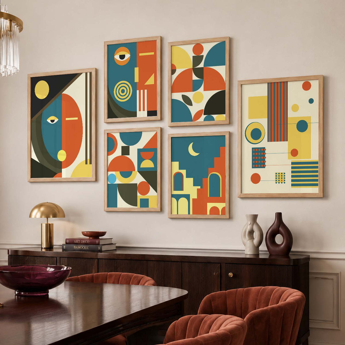 Geometric Abstract Boho Wall Art Set of 6 Framed Prints