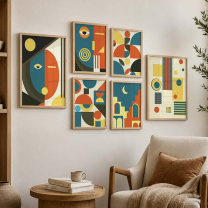 Geometric Abstract Boho Wall Art Set of 6 Framed Prints