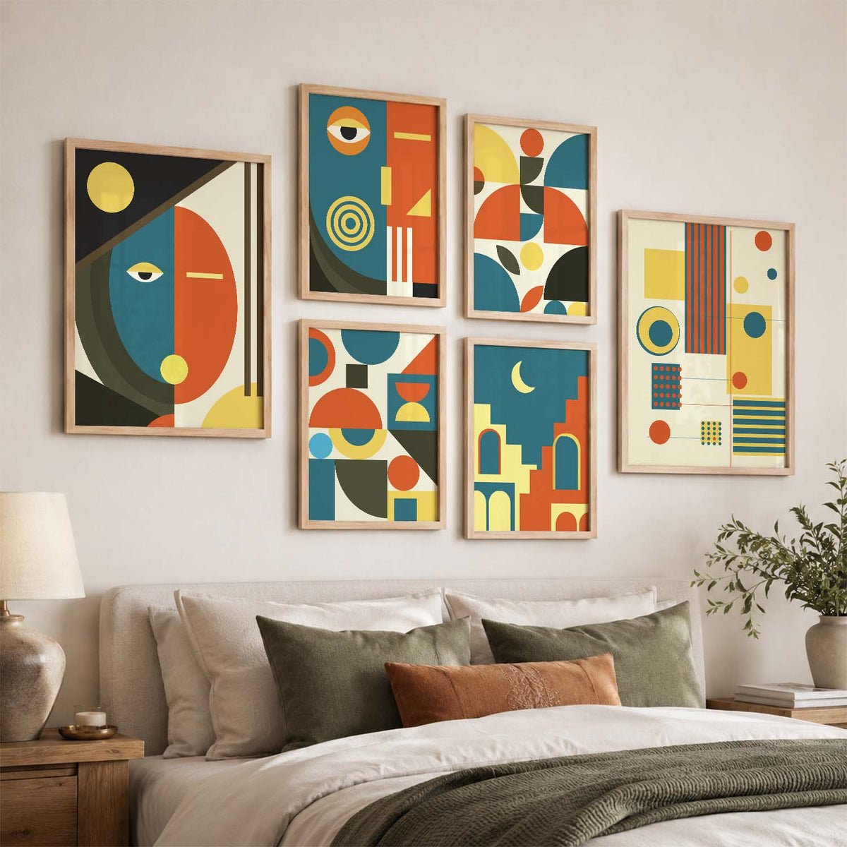 Geometric Abstract Boho Wall Art Set of 6 Framed Prints