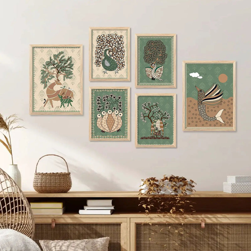 Traditional Indian Prints with Frame for Living Room Bedroom Home and Office Wall Decor Set of 6