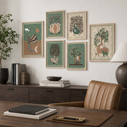 Traditional Indian Prints with Frame for Living Room Bedroom Home and Office Wall Decor Set of 6