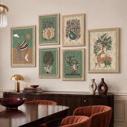 Traditional Indian Prints with Frame for Living Room Bedroom Home and Office Wall Decor Set of 6