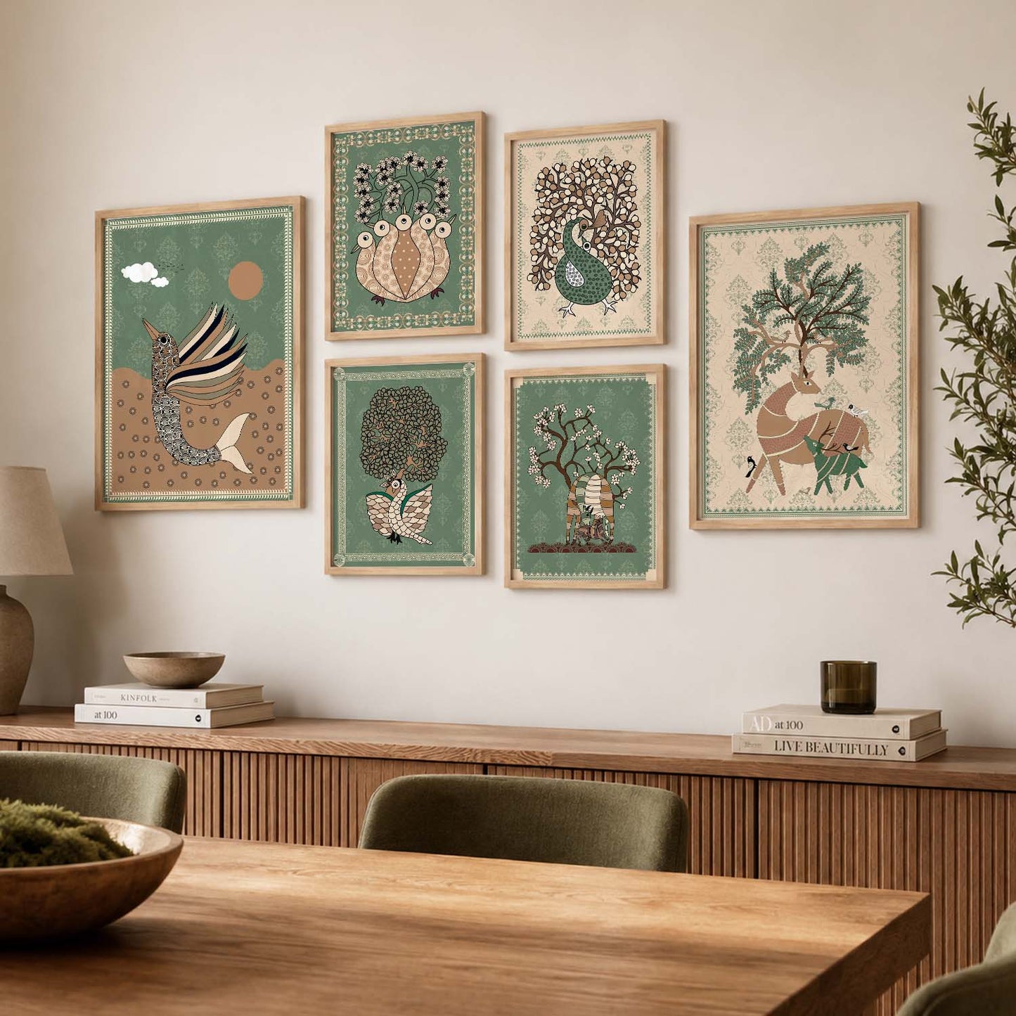 Traditional Indian Prints with Frame for Living Room Bedroom Home and Office Wall Decor Set of 6
