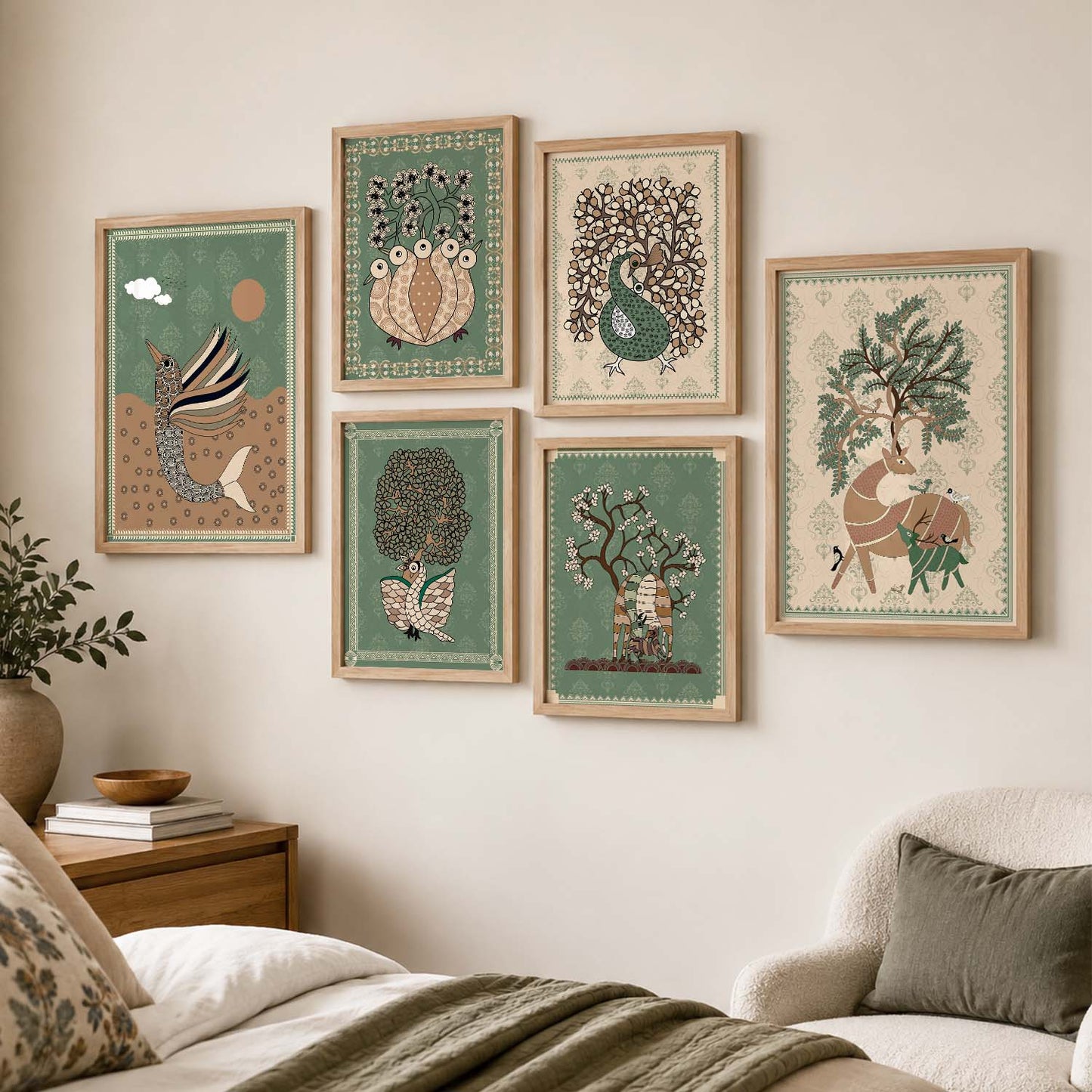 Traditional Indian Prints with Frame for Living Room Bedroom Home and Office Wall Decor Set of 6