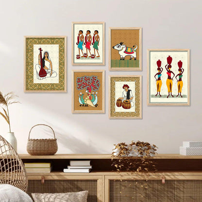 Traditional Indian Prints with Frame for Living Room Bedroom Home and Office Wall Decor Set of 6