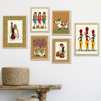 Traditional Indian Prints with Frame for Living Room Bedroom Home and Office Wall Decor Set of 6