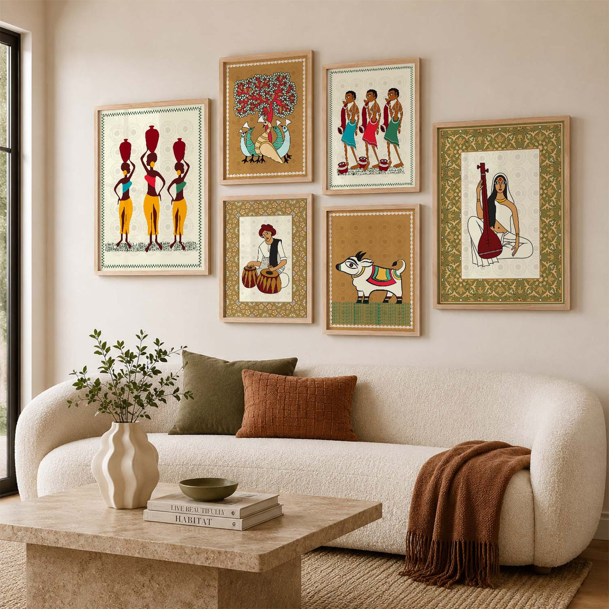 Traditional Indian Prints with Frame for Living Room Bedroom Home and Office Wall Decor Set of 6