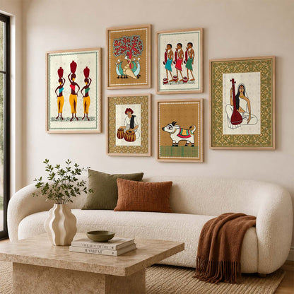 Traditional Indian Prints with Frame for Living Room Bedroom Home and Office Wall Decor Set of 6