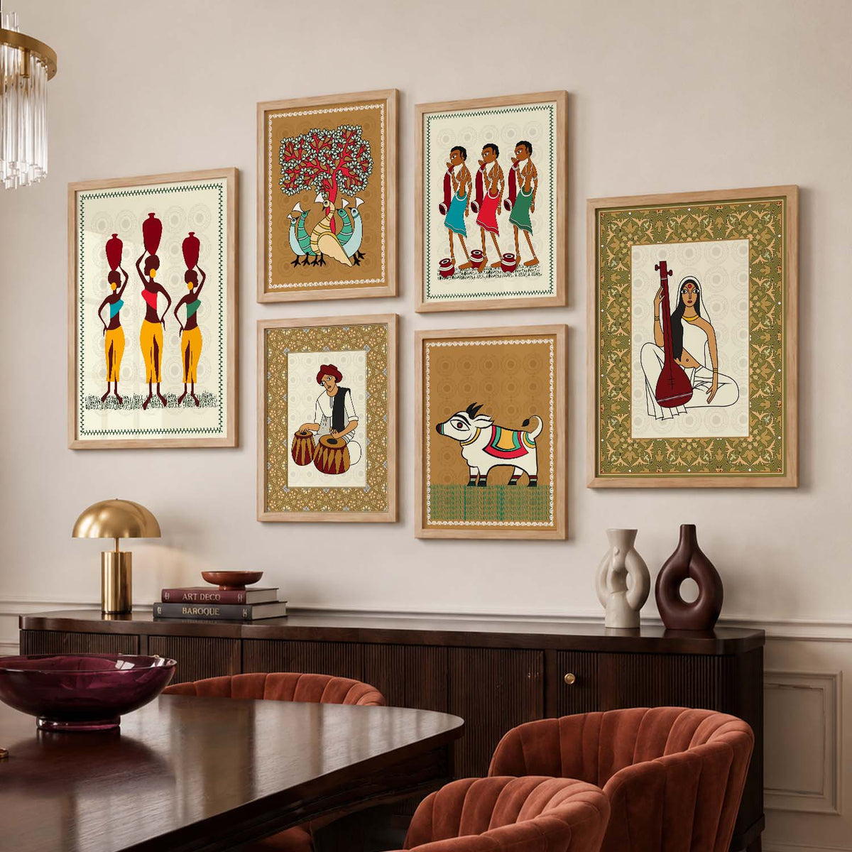 Traditional Indian Prints with Frame for Living Room Bedroom Home and Office Wall Decor Set of 6