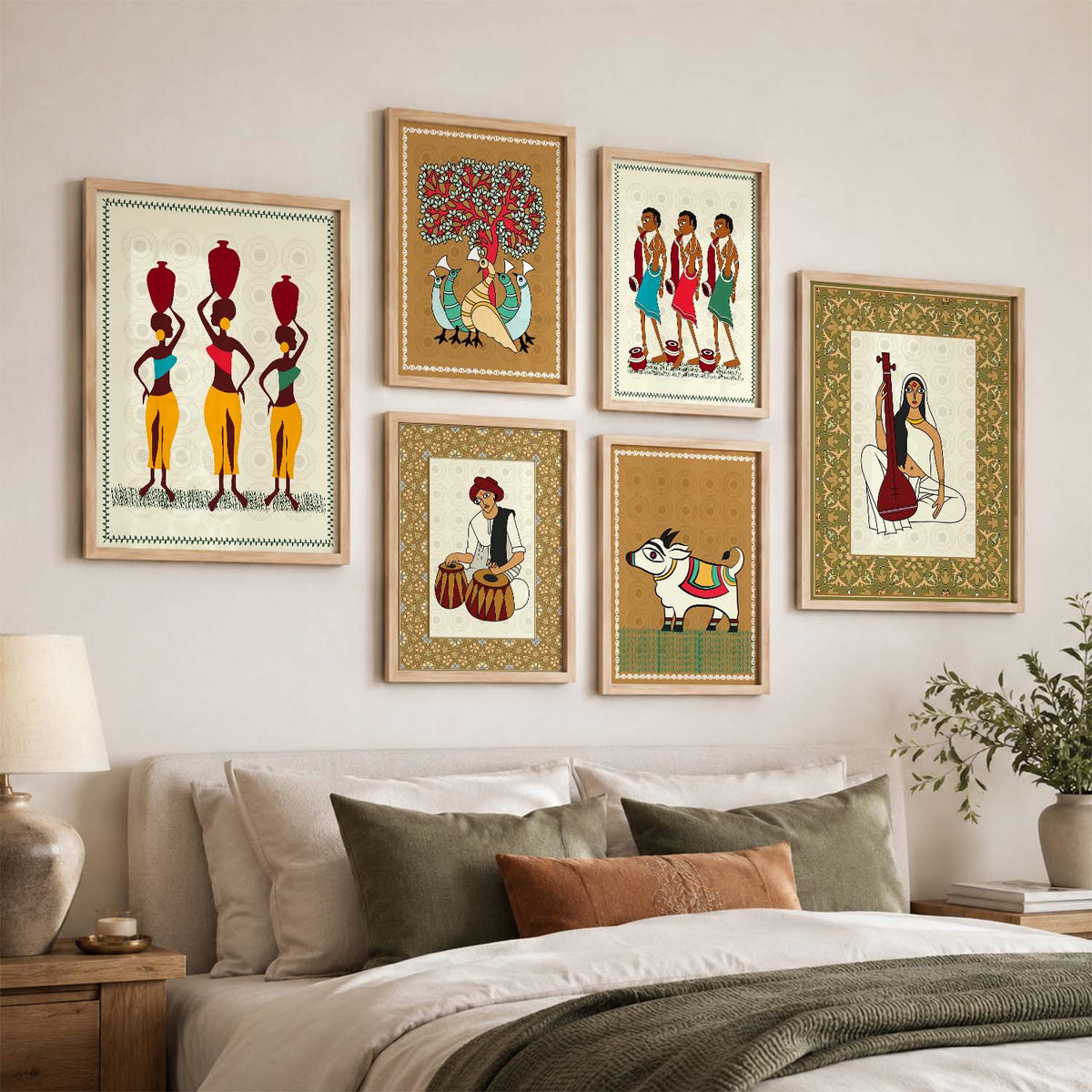 Traditional Indian Prints with Frame for Living Room Bedroom Home and Office Wall Decor Set of 6