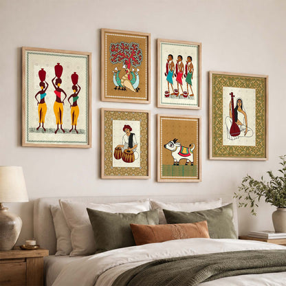 Traditional Indian Prints with Frame for Living Room Bedroom Home and Office Wall Decor Set of 6