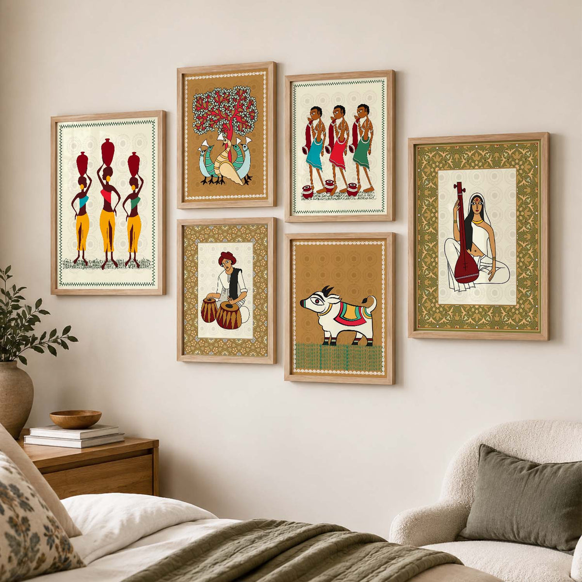 Traditional Indian Prints with Frame for Living Room Bedroom Home and Office Wall Decor Set of 6
